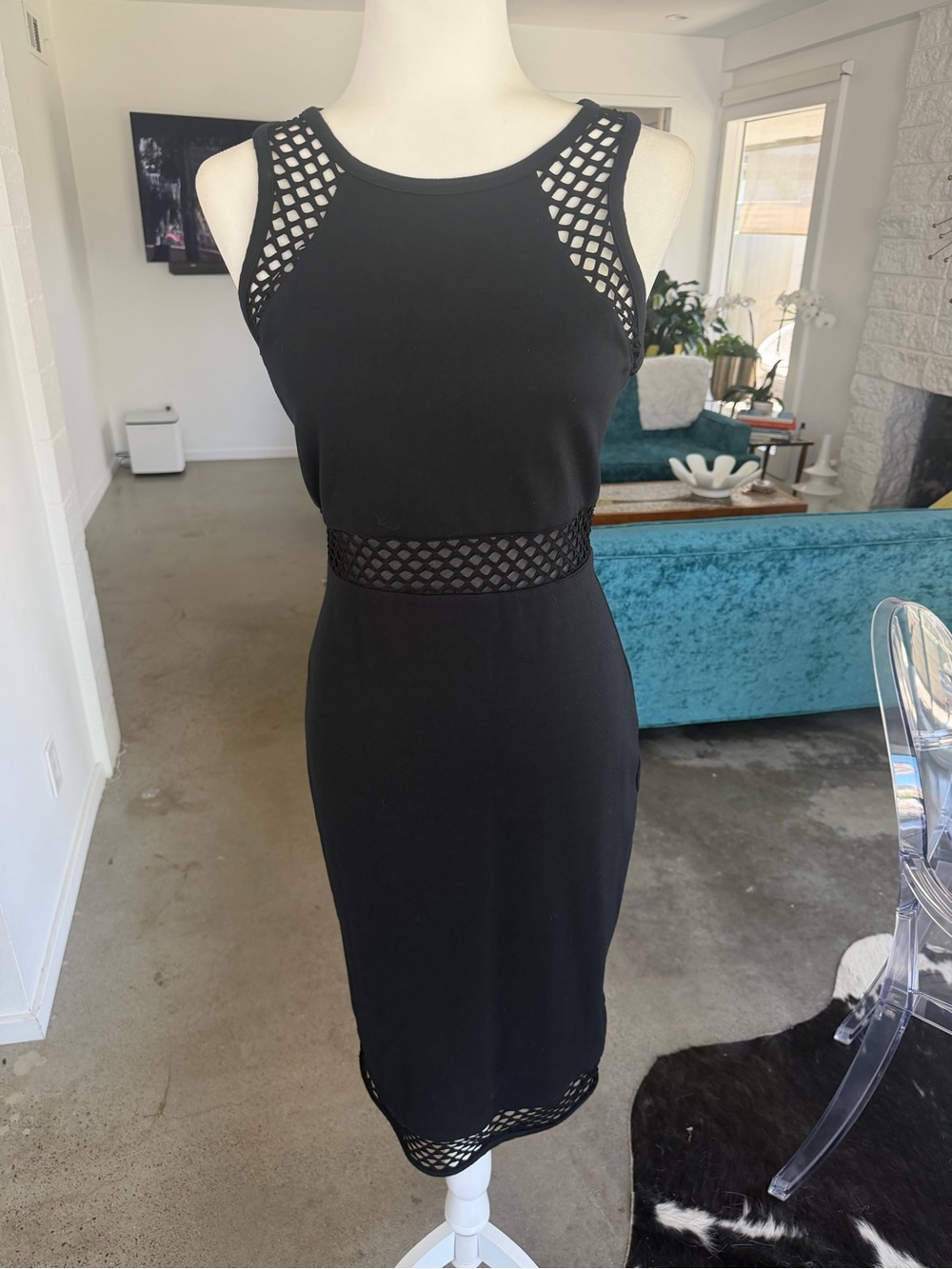 Express Black Sleeveless Mesh-Accent Sheath Dress